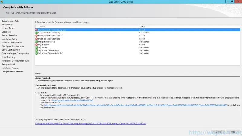 &ldquo;SQL Server 2012 SP1 - NetFx3 error summary