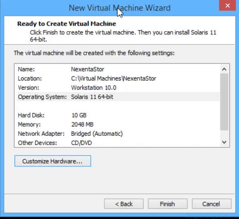 Nexenta Virtual Machine Settings