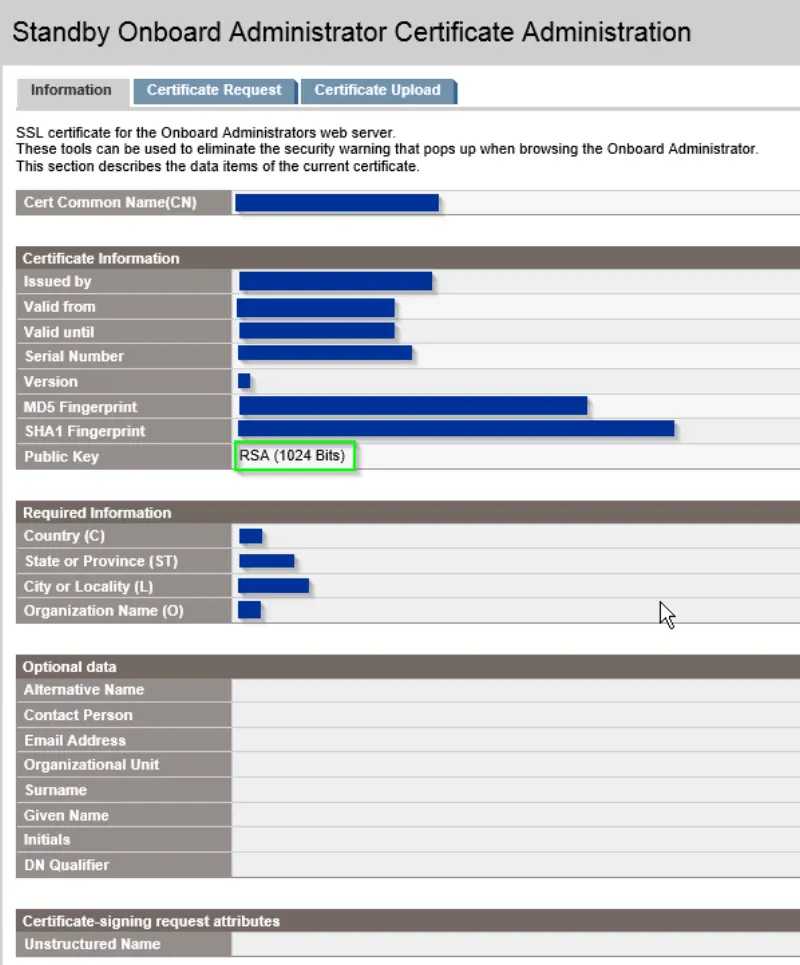 How to generate new self-signed certificate in HP c7000 enclosure - certificate info